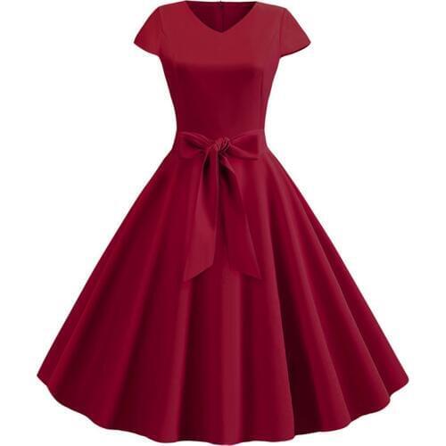 Women Summer Vintage Dress With Belt Short Sleeve V neck Elegant Retro Robe Rockabilly Swing Pinup Party Office Dresses Vestidos