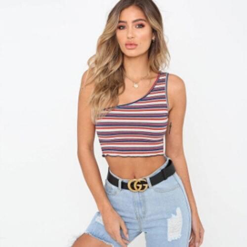 2021 New Summer Women Knitted Vest Tank Top Sexy One Shoulder Sleeveless Crop Tops Ladies Camisole Striped Streetwer