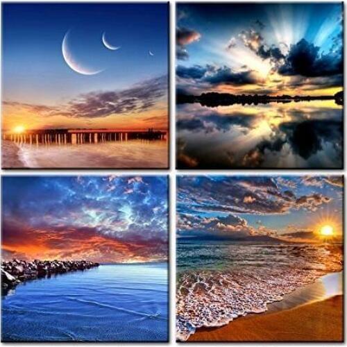 Framed 4 Panels Canvas Print,Giclee Artwork, Stretched , Paintings on Canvas Modern Lanscape Wall Art for Home and Office