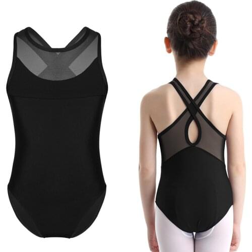 4-12Years Child Kids Girls Sleeveless Mesh Splice Criss Cross Back Ballet Dance Wear Gymnastic Leotard Bodysuit Costume Jumpsuit