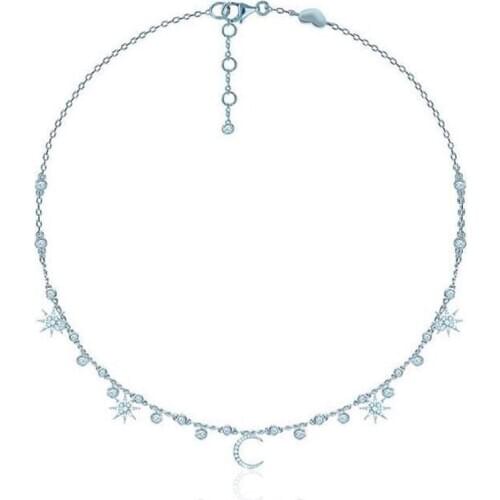 SLJELY Luxury Brand Real 925 Sterling Silver Stars Moon Starry Sky Pendant Necklace Pave Zircon Crystal Women Fashion Jewelry