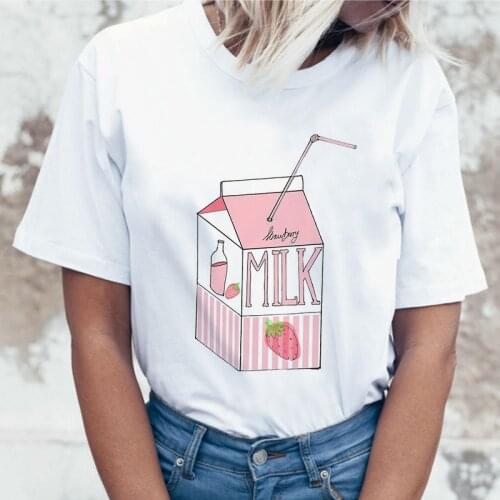 Strawberry Milk Juice T Shirt Women 2021 Kawaii Girl Tshirt Aesthetic Graphic Cute Sweet Female T-shirt Clothes Top Tees