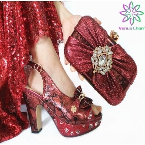 Red High Quality Woman Luxury Crystal Shoes And Purse Set For Party Italian Rhinestone High Heels Wedding Shoes And Bag Set