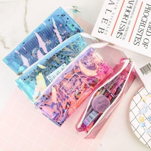 Creative Laser Transparent Sequin Quicksand Pencil Case Stationery Bag Girl Heart Stationery Bag