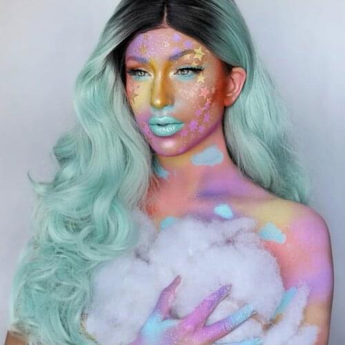 Mint Green Lace Front Wigs with Black Roots for Girl Ombre Synthetic Pastel Long Wavy Side Part Cosplay Heat Resistant Wig