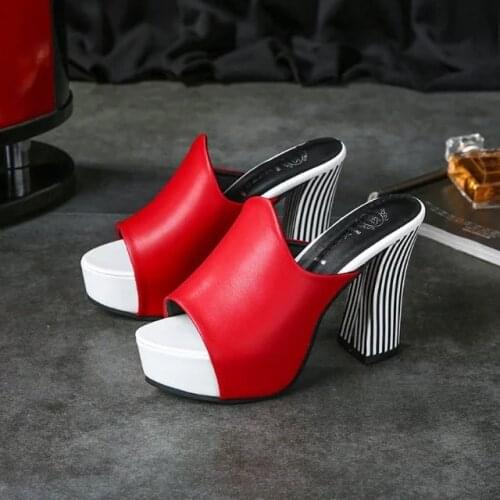 Summer Women Sexy Red Elegant High Heel Sandals Platform Peep Toe Zebra Shoes Chunky Heels Lady Fashion Chunky Heel 34-40