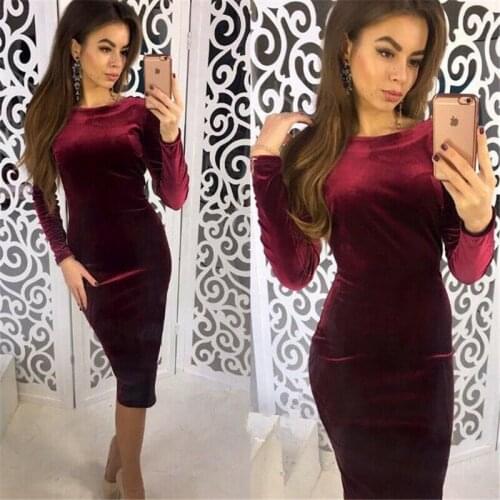 Hot Fashion Womens Ladies Bodycon Long Sleeve Velvet Slim Dresses Female Girls Casual Sheath Party Club Slim Midi Dress Outfits