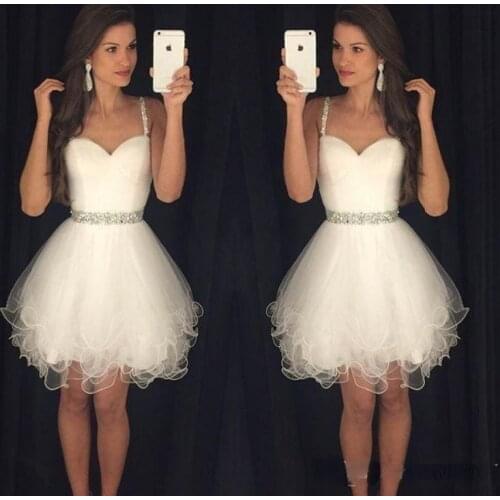 Little White Homecoming Dresses Spaghetti Straps With Beads Tulle Formal Party Dresses Prom Gowns For Women