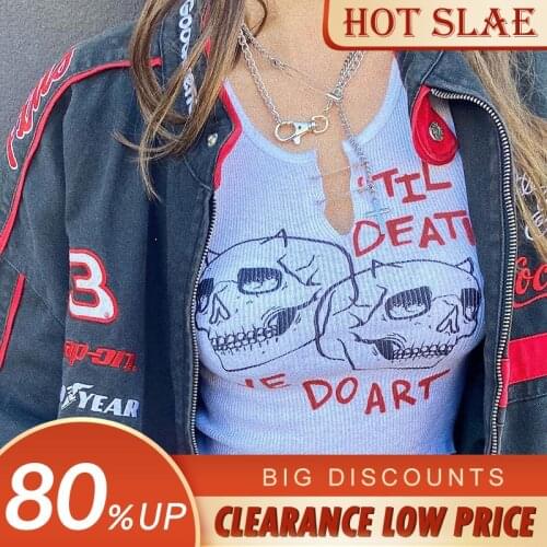 Fashion Punk Gothic Tank Top Woman Aesthetic Sleeveless White Short Tank Harajuku Knitted Print Slim Crop Top Summer Club 2021