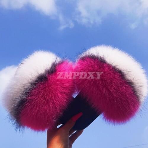 Fur Slides For Women Quality Fluffy Plush Raccoon Fur Soft Sandals Wholesale Real Fox Fur Slippers Fuzzy Shoes Large Size