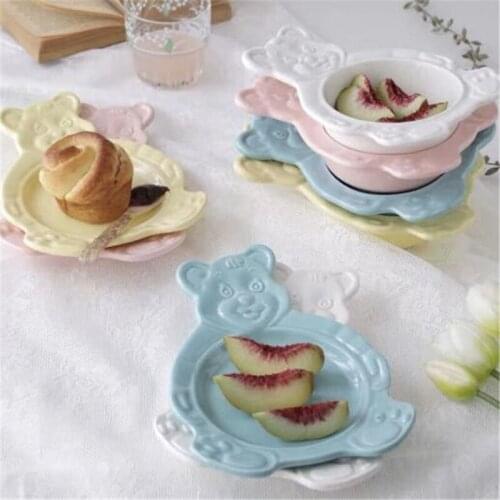 Cartoon Bear Dessert Plate Bowls Breakfast Salad Fruit Tray Children Ceramic Dinner Dishes Korean Ins Bear Flat Soup Bowl