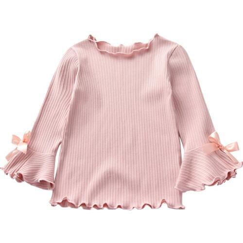 New Spring Autumn Baby Girl Long-Sleeved T-shirt Cotton Candy Color Solid Color T-shirt Fashion Sweet Bow Children\s Clothe