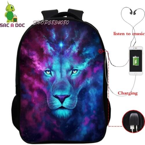 Custom Backpack Animal Lion Backpack USB Design Rucksack 3D Printing Knapsacks Boys Girls Schoolbag Bookbags Backpack School