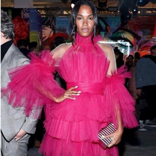 Vestido De Mujer High Street Hot Pink Short Women Dresses Ruffles Tiered Tulle Mini Dresses Full Sleeves High Collar