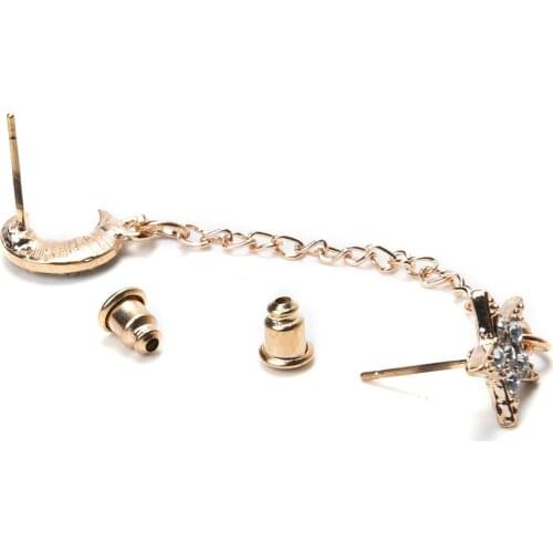 New Two Ear Holes Connection Stud Earrings Double Ear Hole Chain Piece Rhinestone Moon Star Shaped Jewelry for Beauty Women