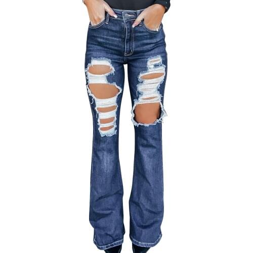 Flared Jeans Ripped Blue High Waist Distressed Bell Bottom Pants Denim Baggy Trousers Pantalones Femme 2021 Calsas Femininas