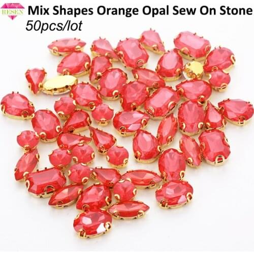 RESEN 50PCS Mix Shapes Flatback Resin Sew On Stones With Gold Bottom Claw Orange Opal Rhinestones DIY Dress Accessories