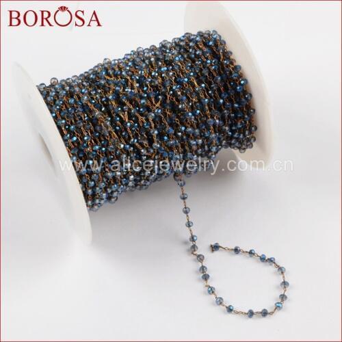 BOROSA High Quality Gold/Brass/Silver Color 3mm Dark Blue Glass Beads Rosary Chains for DIY Drusy Necklace Jewelry Making JT166