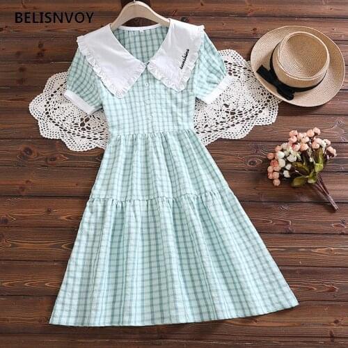 Japan Students Summer Dresses For Women Sailor Collar Letter Embroidery Short Sleeve Midi Dresses Elegant Plaid Ruffles Vestidos