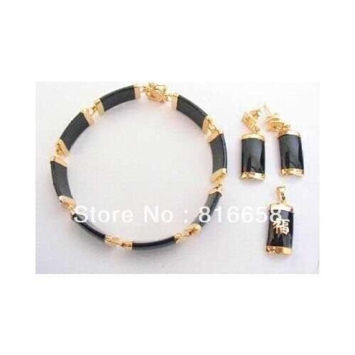 Jewelry gold filled Black Jade Pendant Bracelet Earring