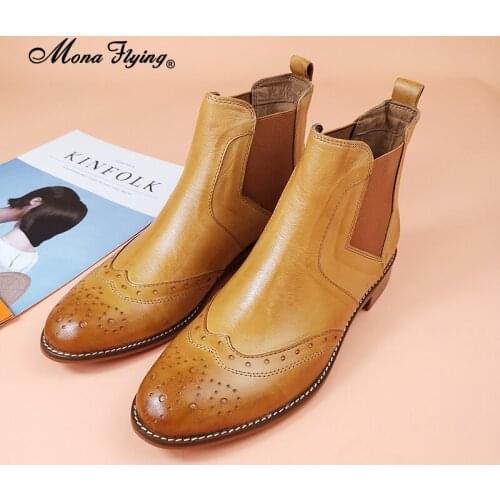 Mona Flying Women Leather Classic Slip On Chelsea Boots Hand Made Elegant Ankle Oxford Booties with Low Heels 2020 New 068-31-2