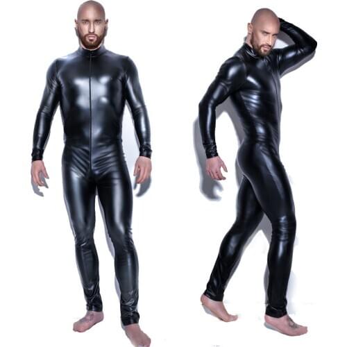 M-XXXL New Black Shiny Patent Leather Jumpsuit Zipper Open Crotch Latex Catsuit Teddy Spandex Bodysuits Clubwear Men