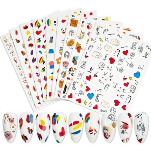 3D Nail Sticker Decals Abstract Face Slider Flowers Leaf Colorful Paintings Decals Nail Stickers Manicure Decoration Accessories