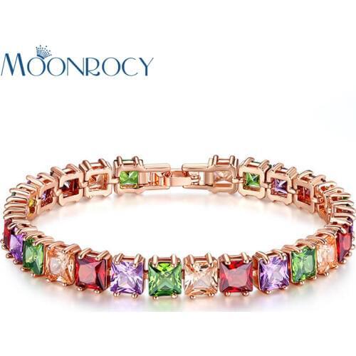 MOONROCY Free Shipping Rose Gold Color Square Colourful Crystal Cubic Zirconia Bracelet Jewelry Bangle for Girl Women Gift