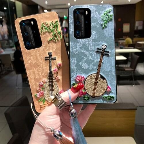 For Huawei Mate 40 30 20 Pro P40 P30 Nova 5T 7i Y9S Case PU Leather Embroidery 3D Embossed Lute Floral Cover with Lanayrd Tassel