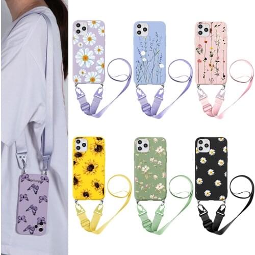 Strap Cord Chain Necklace Lanyard Phone Case For iPhone 13 Mini 11 12 Pro Max 7 8 6 6s Plus X XR XS SE 2020 Luxury Flower Cover
