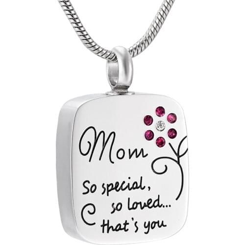 Hold Crystal Flower&Engraved MOM So Special,So Loved,Thats You Rectangle Stainless Steel Cremation Ashes Necklace for Women