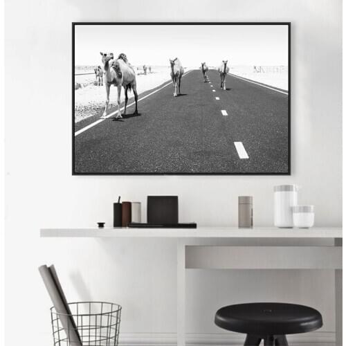 Camels On The Road Photo Art Print Canvas Poster Boho Style Dessert Animal Painting Black White Picture Wall Art Decor