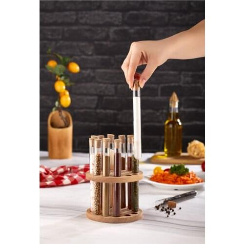 Storage Spice Jars Organizer Rotating Container Set of 13 Glass Storage Jars Tubes With Wooden Stand Spice Sugar Rice Holder Set