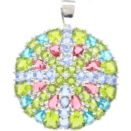 38x31mm New Statement 6.3g Multi Color Created Pink Tourmaline Peridot Aquamarine Rhodolite Garnet Women Silver Pendant