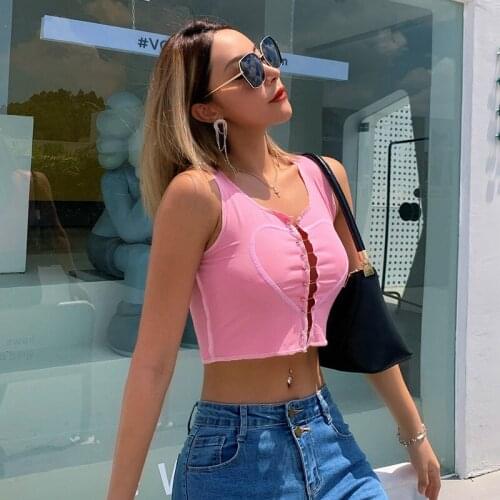 Summer Ladies Sexy Crop Top Women Hearth Pattern Pin Decoration Tops Sleeveless Short Tanks Hollow Midriff-baring Tank Top