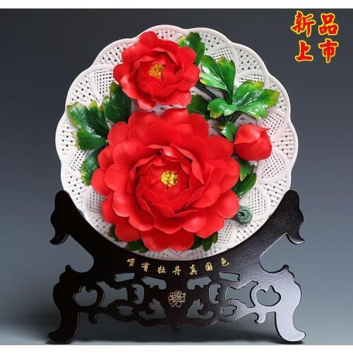 Luoyang peony disk Home Furnishing living room decorative hanging plate decoration Dehua ceramic carving handicraft art gift col