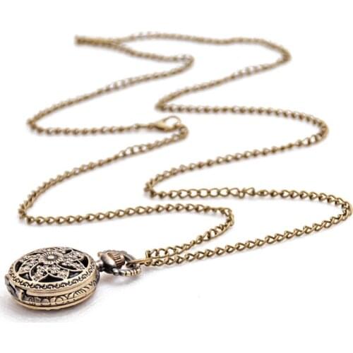 Fashion Vintage Retro Bronze quartz watch pocket Chain pendant necklace (lotus)