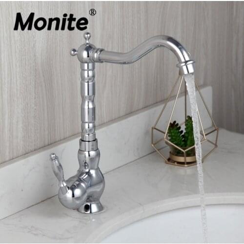 Monite Antique Brass Rotating Kitchen Faucet Deck Mounted Solid Brass Vessel Basin Sink Faucet Mixer Tap Retro Chrome Mixer Tap