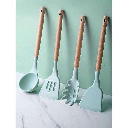 Silicone kitchenware set household spatula nonstick special spatula wooden handle soup spoon