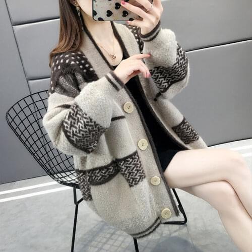 Mink Cashmere Knitted Cardigan Coat Womens New Clothing Autumn And Winter Korean Fashion Leisure Loose Lazy Style Lady Sweater