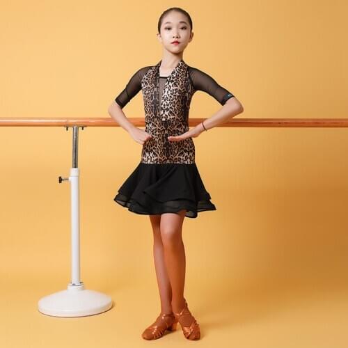 Latin Dance Clothes For Girls Mesh Half Sleeve Leopard Practice Dress Professional Rumba Tango Samba Salsa Stage Outfits VO1410