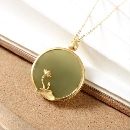 Silver inlaid natural Hetian jade lotus blossom round brand Pendant Necklace Chinese style retro charm womens jewelry