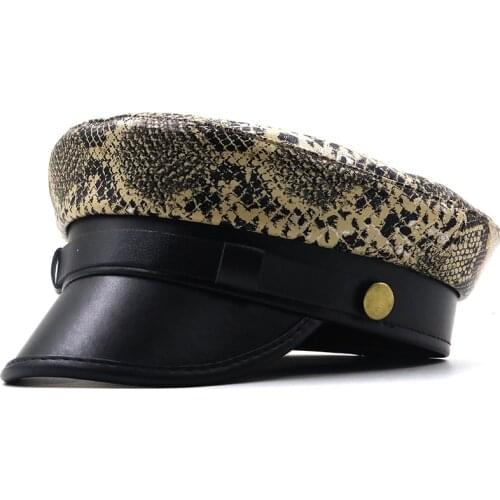 Simple PU Leather Girl Military caps Spring Autumn Sailor Hats for Women Leopard Flat Top Captain Cap Travel Cadet Hat 56-58CM