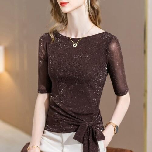 Net Yarn Bottoming Shirt Womens Autumn and Winter New Style Inner Sleeve T-shirt Bowknot One-shoulder Fashionable Top