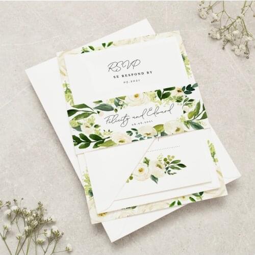 Flower white and Green Flower greenery wedding invitation with RSVP card and belly band