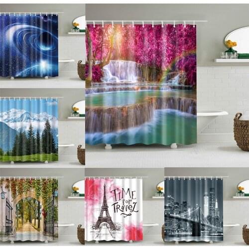Paris Eiffel Tower Print Bathroom Shower Curtain Waterproof Bathroom Decor Curtains Mountain Forest Bath Curtain With Hooks