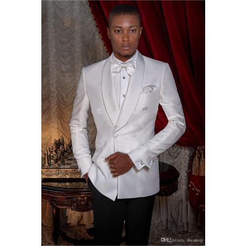High Quality Double Breasted Ivory Groom Tuxedos Shawl Lapel Groomsmen Mens Suits Blazers (Jacket+Pants+Tie) W:762