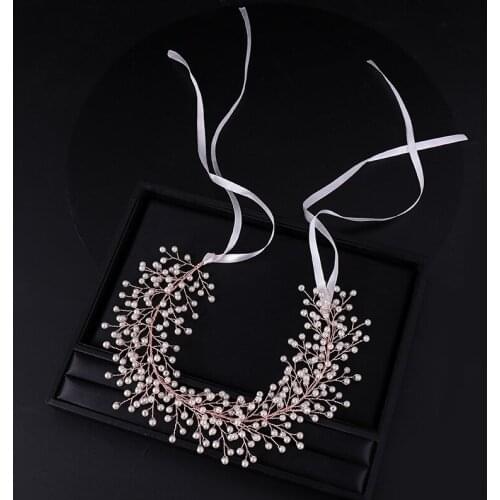 Rose Gold Color Headbands For Bride Wedding Hair Accessories Cystal Pearl Hairband Women Hair Vines Jewelry Handmade Headpiece