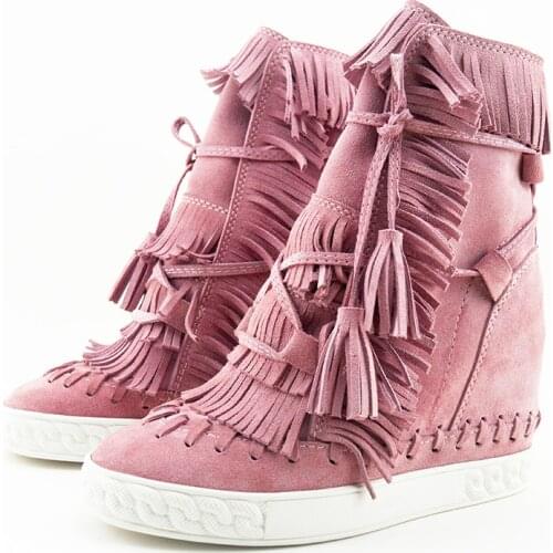 Woman Shoes Pink Suede Fring High Top wedges round toe height increasing lace up tassel boots ankle boots casual Ladies Big Size