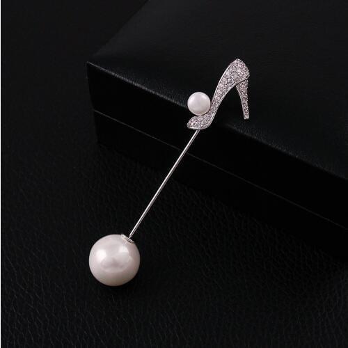 New CZ pearl high-heeled lady shoe design cardigan bar buckle pin brooch jewelry